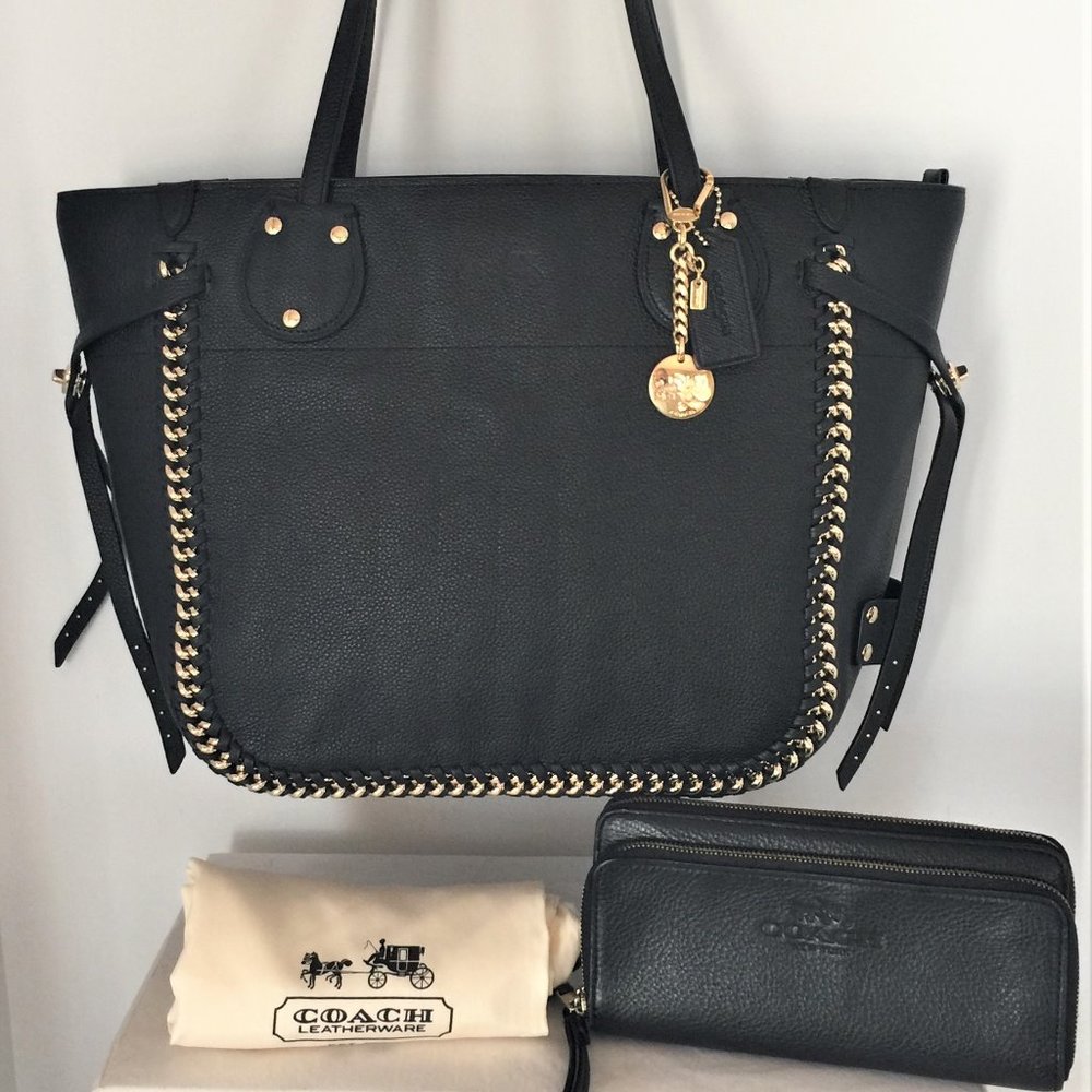 Coach Black Leather Whiplash Tatum Tote + Wallet